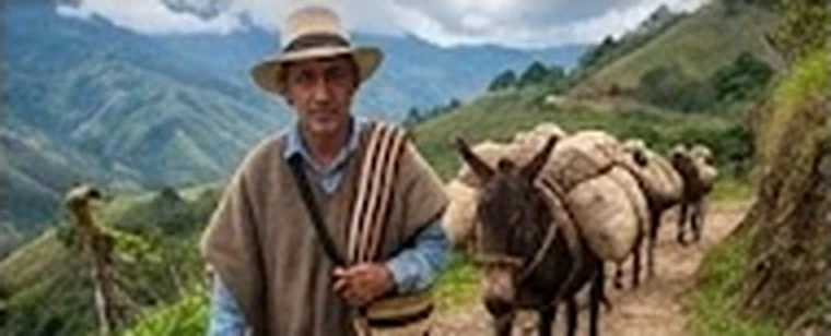Arriero con poncho y mulas cargadas por un camino de montaña