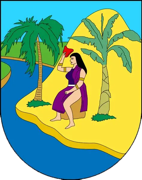 Escudo de Antioquia: una mujer sentada junto a un río, con una palmera y una montaña al fondo
