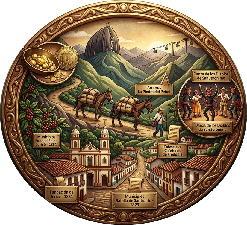 Medallón ilustrado de Antioquia: el Peñón de Guatapé, arrieros con sus mulas, cafetales, una plaza con iglesia y la danza de los diablos de San Jerónimo