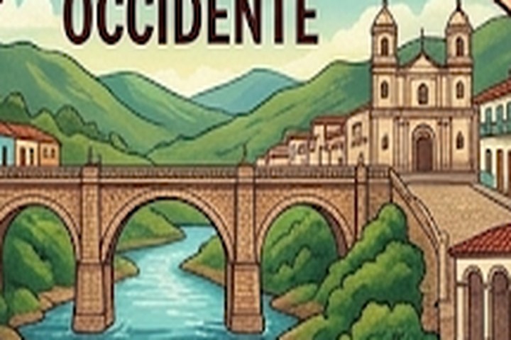 Ilustración de un puente de piedra y una iglesia colonial del Occidente